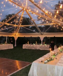 cafe lighting in a clear tent